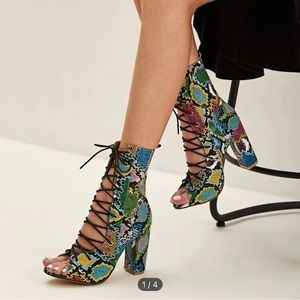 Multi Color snake print 8.5 lace up boot heels